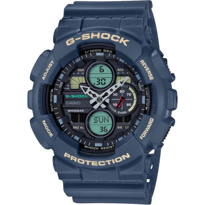 Casio G-Shock Analog-Digital Watch – Navy Blue Resin Strap with Aqua and Beige Accents / GA-140-2ADR