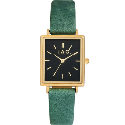 Jag Airlie – Gold-Tone Square Watch with Black Dial and Green Vegan Leather Strap / J2665