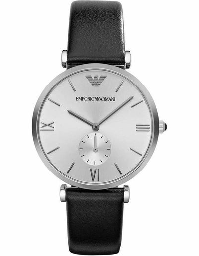 Emporio Armani Men's Silver Dial Watch with Black Leather Strap / AR1674
