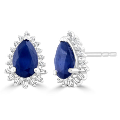 Sapphire Pear Earrings with 0.12ct Diamonds in 9K White Gold