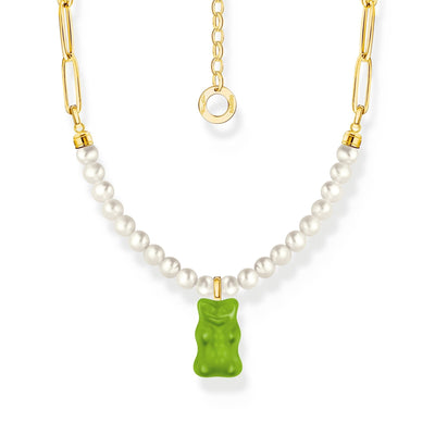 THOMAS SABO Link necklace with green goldbears & freshwater pearls