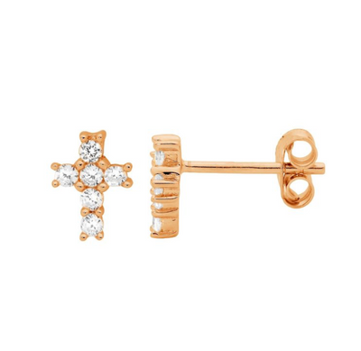 Ellani Rose Gold-Plated Sterling Silver Cross CZ Earrings / E496R