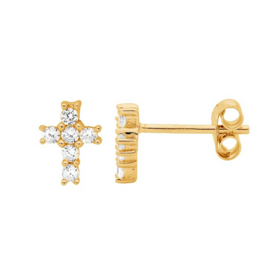 Ellani Gold-Plated Sterling Silver Cross CZ Earrings/ E496G