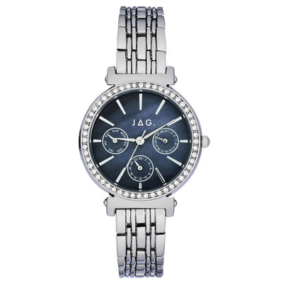 Jag Keira – Women's Silver-Tone Multifunction Watch with Blue Dial and Crystal-Set Bezel / J2673A