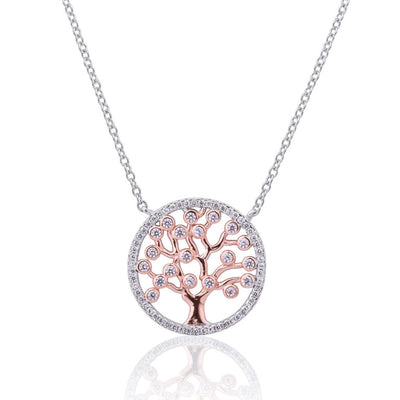 sterling silver Rose gold plated CZ tree of life necklace